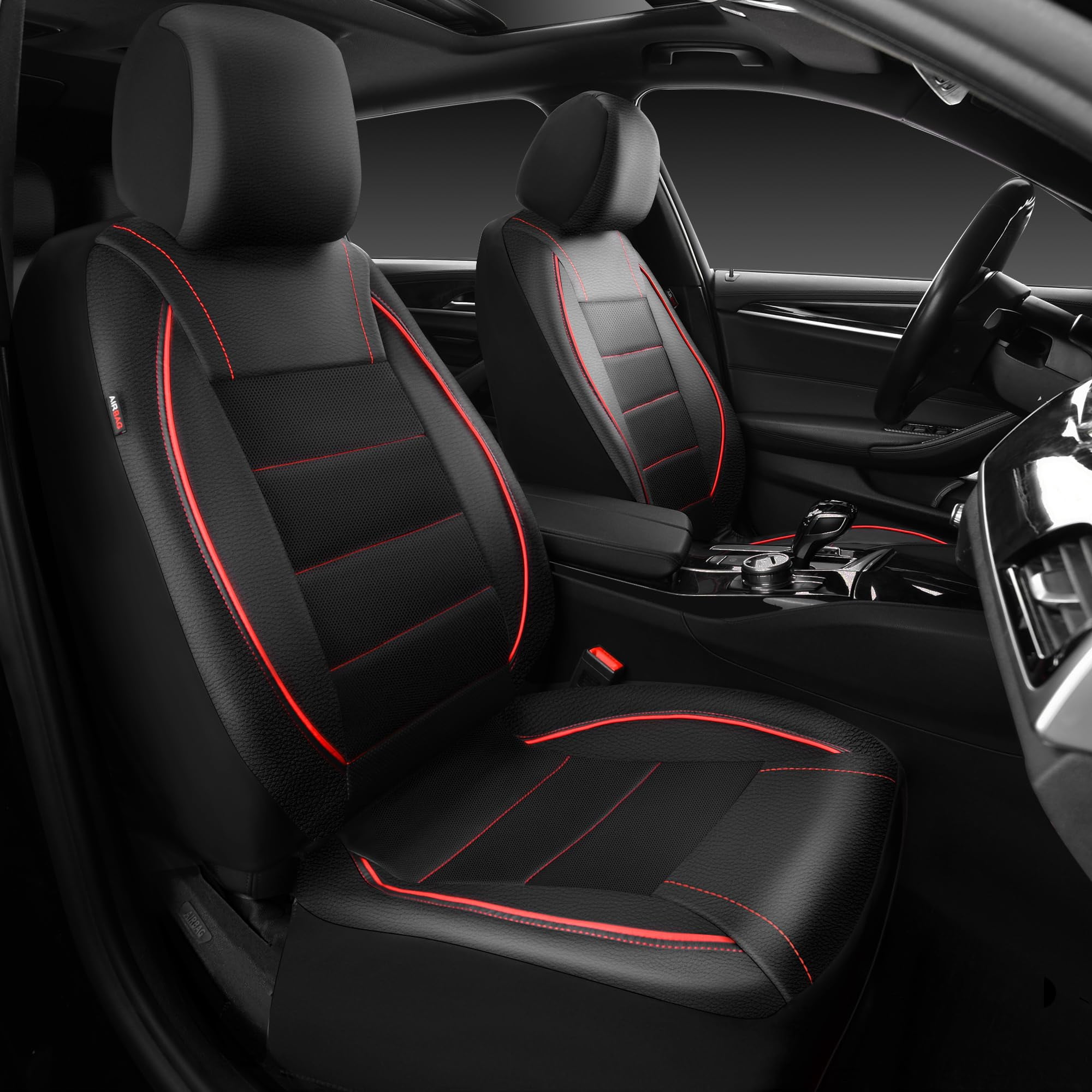 Fundas De Asiento Car Pass Universal Fit De Piel Ribeteada, Color Negro Y Rojo