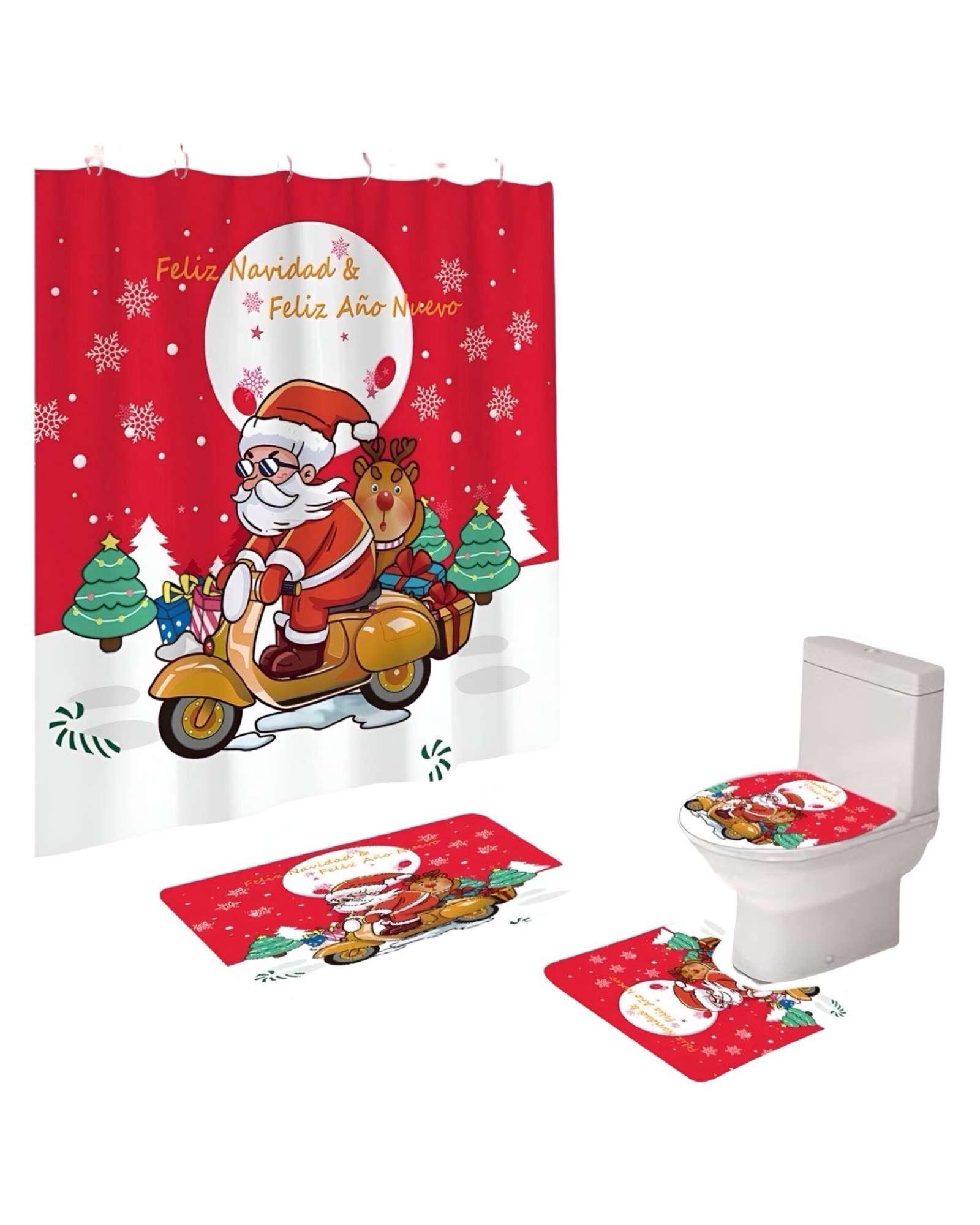 Teng Fei - Set 4 Piezas Cortina De Baño Y Alfombras Diseño Navideño Tf01