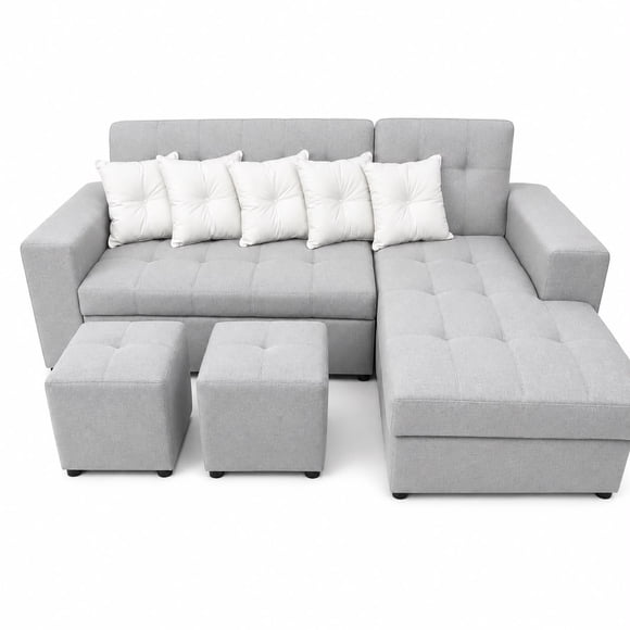 Sofa Seccional L 3 Cuerpos + 2 Puff Gris claro Lino