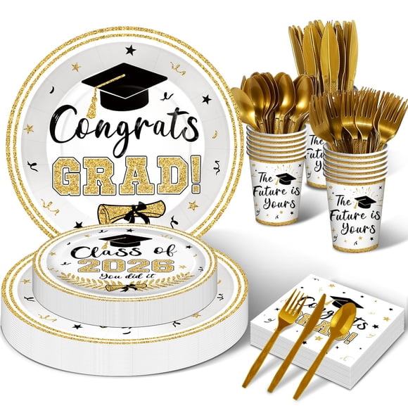 Juego de vajilla de graduación de 175 piezas, artículos para fiestas, para 25 personas, platos, vaso