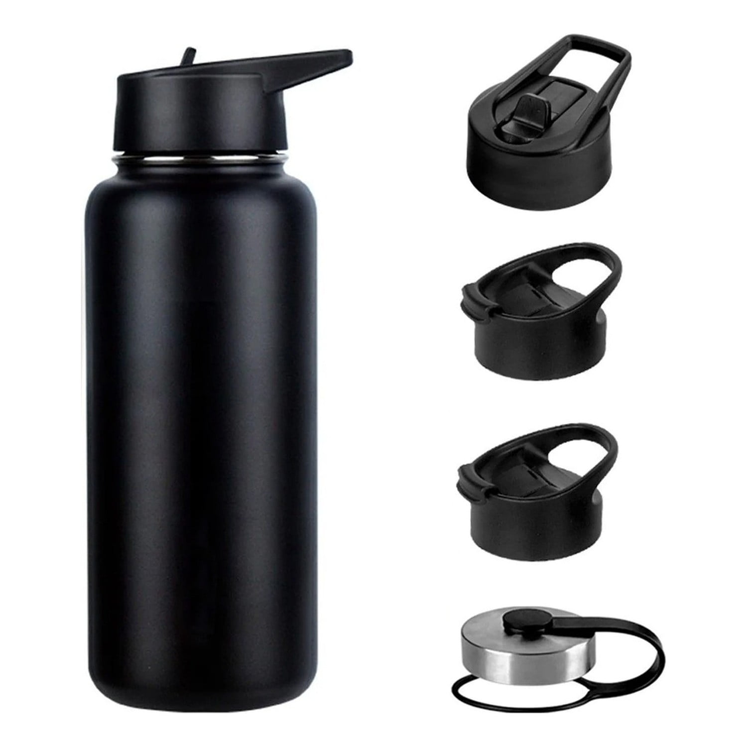 Genérico - Botella Agua Acero Inoxidable 1000ml Aislada 4 Tapas Negra