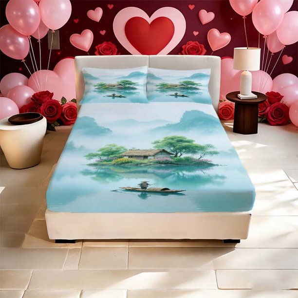 Jiangnan Water Village Painting Printed Bed Fitted Sheet Pattern Printed Bed Fitted Sheet Set a Must-Have for Family Guest Rooms Deep Pockets Are Stable And Do