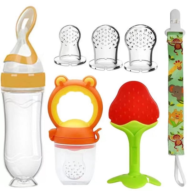 Complete 7pcs Baby Feeding Set with Soft Silicone and Stainless Steel Material | Includes Milk Water Bottle, Spoon Feeder, Teether, Fruit Feeder, Pacifier Holder and 3-Size Nipples | Perfect for Tende