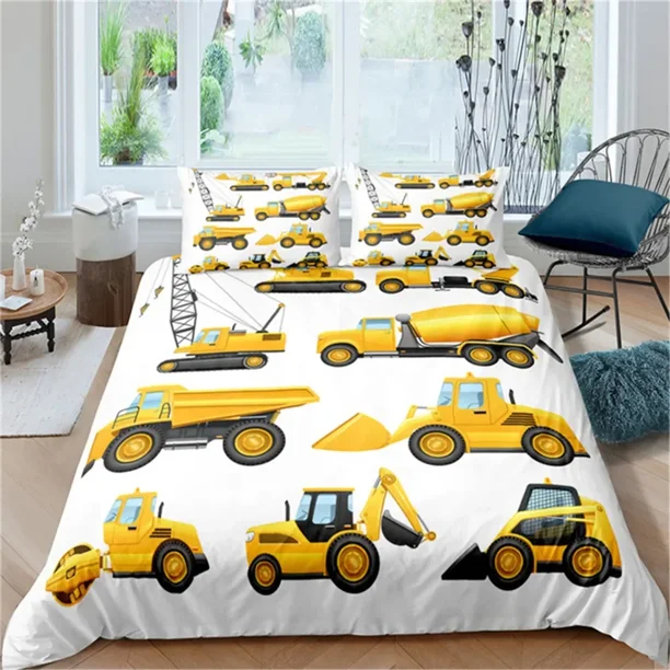 x1224 Bed SheetsSimple Cartoon Car Bedding Set Excavator Duvet Cover Bedroom Comforter Twin Size Quilt Cover Home Textile /PCS 3-Piece Bedding Set (1 Duvet Cover + 2 Pillow Shams) nj1224