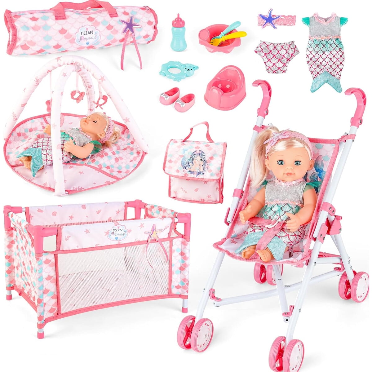 Set Coche Muñeca Deao 30cm Cuna Accesorios