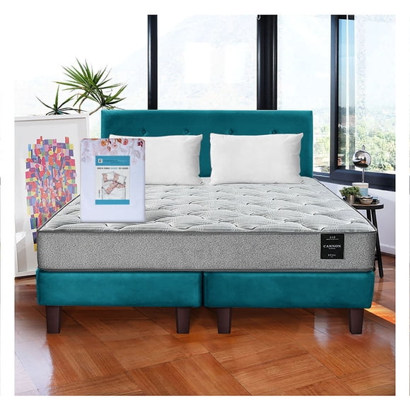 Combo Cama Cannon 2 Plazas Textil + Respaldo Tela Azul Petroleo