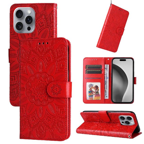 Funda tipo cartera FOXDOCK para iPhone 16 Pro , diseño girasol en relieve, cuero PU, cierre magnético, soporte y tarjetero