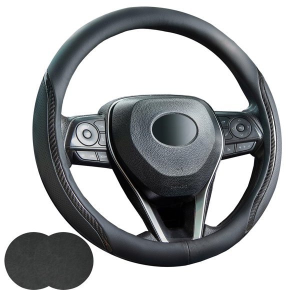 Funda de volante Muamos, fibra de carbono, piel negra, 38 cm