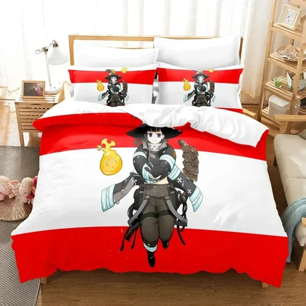 x98 Bed SheetsFire Force Bedding Set Quilt Cover Twin Full Size With Pillowcases Anime Bed Set Aldult Boys Bedroom Decor Gift 3-Piece Bedding Set (1 Duvet Cover + 2 Pillow Shams) nj98