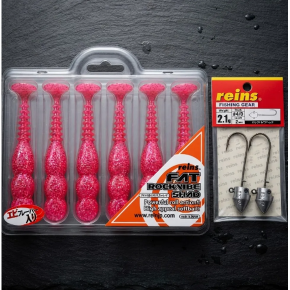 Kit Reins Fat Rockvibe Shad 4” Color Rosa Limón Pollo + 2 Jigs 21 g 4/0