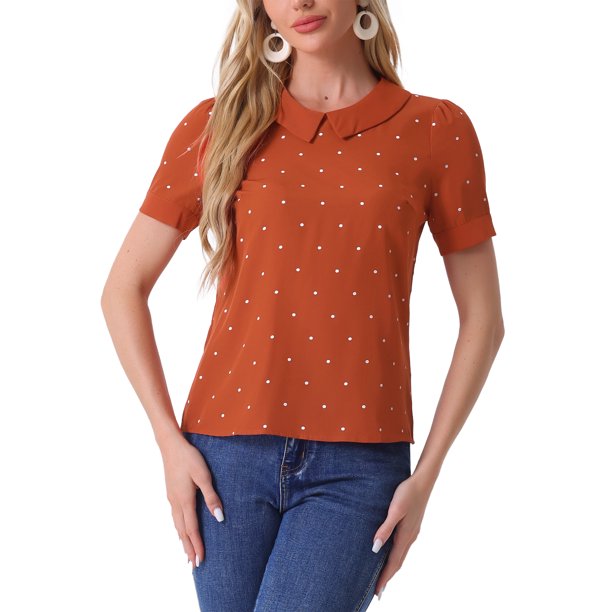 INSPIRE CHIC Blusa de Manga Corta con Cuello Peter Pan en Contraste y Lunares para Mujer Regreso a Clases L Naranja