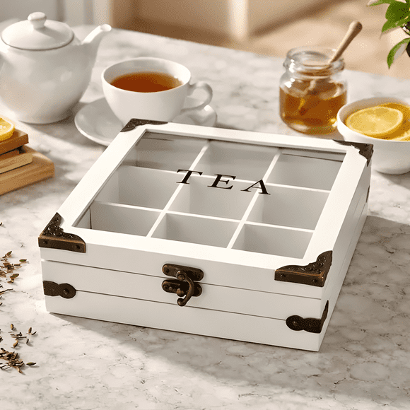 Caja de té 9 divisiones tapa con diseño decorativa decohogar