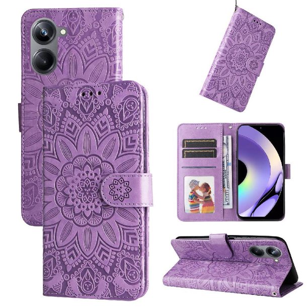 Funda tipo cartera FOXDOCK para Realme 10 Pro 5G , diseño girasol en relieve, cuero PU, cierre magnético, soporte y tarjetero