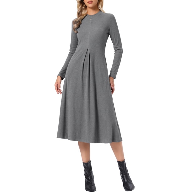 Vestido de punto acanalado INSPIRE CHIC para mujer, casual, de manga larga, cuello redondo con bolsillos, línea A, vestidos largos de punto XS gris