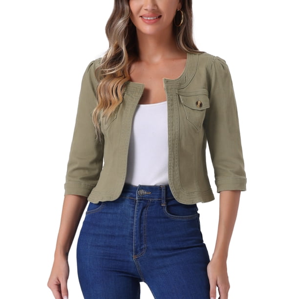 Chaquetas de mezclilla cortas sin cuello de manga 3/4 para mujer INSPIRE CHIC Verde ejército grisáceo M