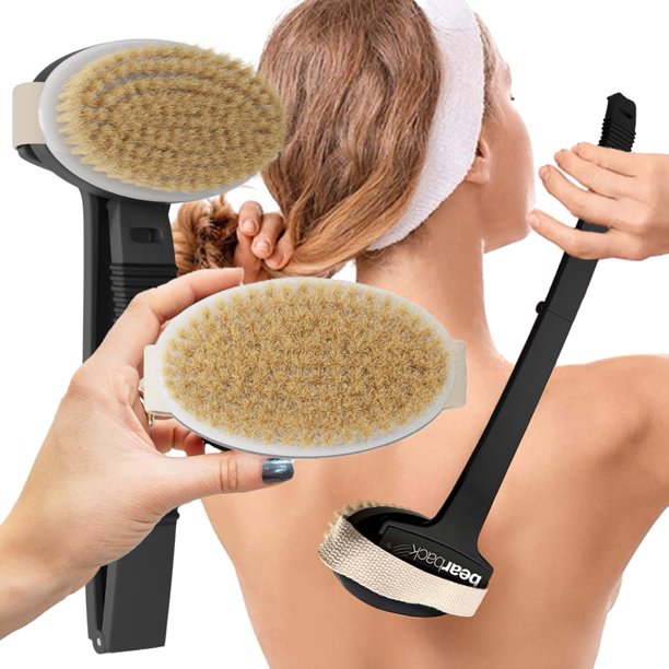 Cepillo corporal Bearback para cepillado en seco con cerdas naturales, cepillo exfoliante de primera calidad para ducharse o cepillarse en seco | Mango largo y plegable, cabezal de cepillo extraíble