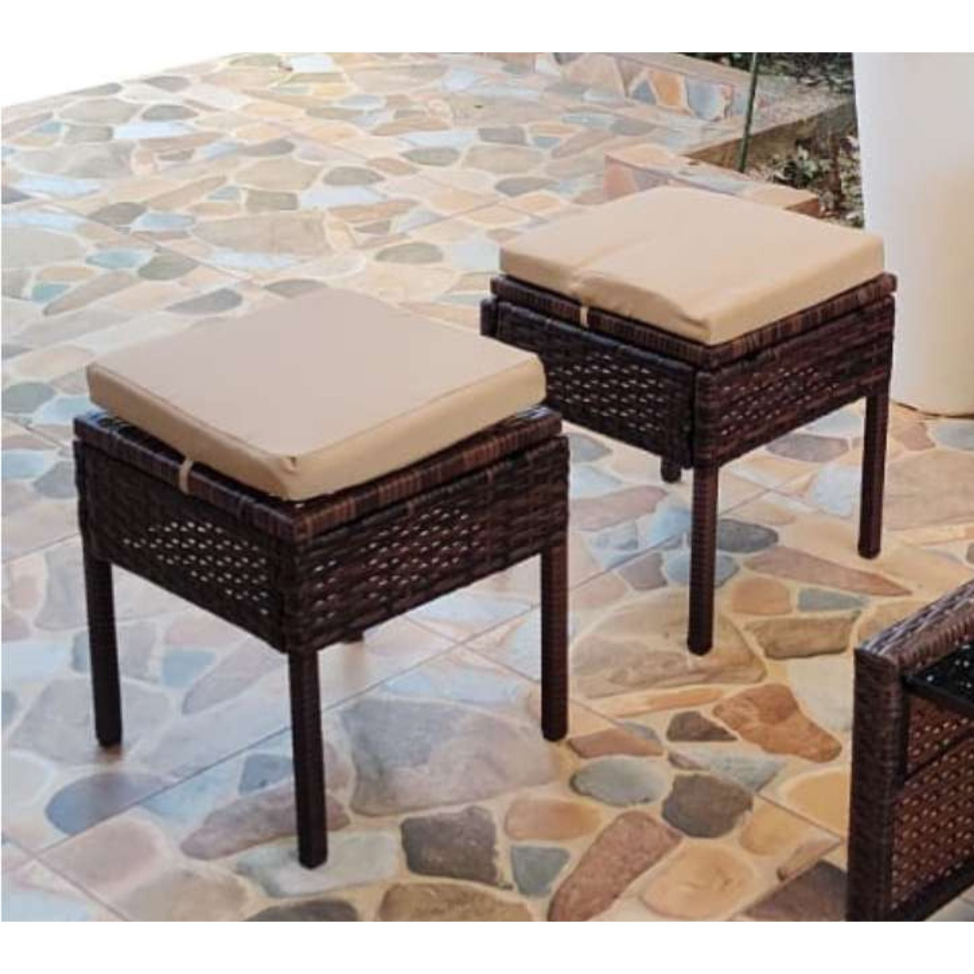 Velazio - Taburete Para Terraza Símil Rattan Cojín Impermeable Beige Pack X2