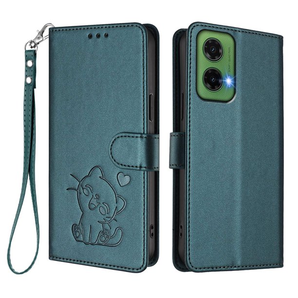Motorola MOTO G35 5G Funda Billetera con Estampado de Gato, Verde Oscuro