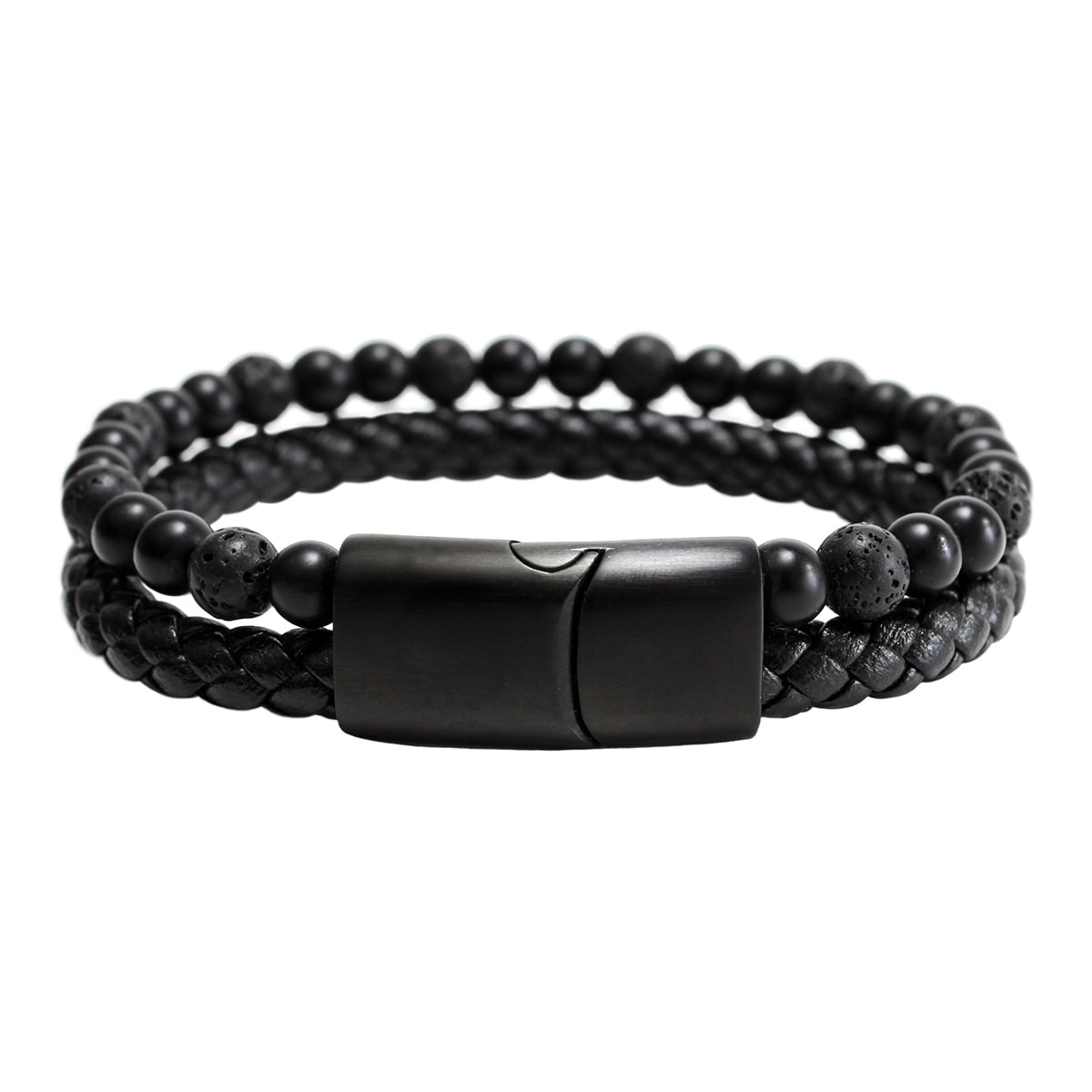 Millam - Pulsera Hombre Cuero Negro Y Piedras Volcánica Y Ónix Con Broche