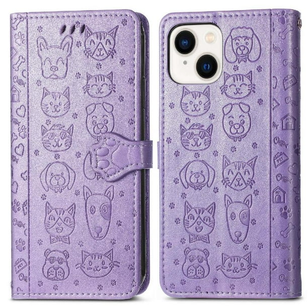 Funda Cartera FOXDOCK para iPhone 15 , Flip PU con Relieve de Gatos y Perros, Tarjetero y Soporte