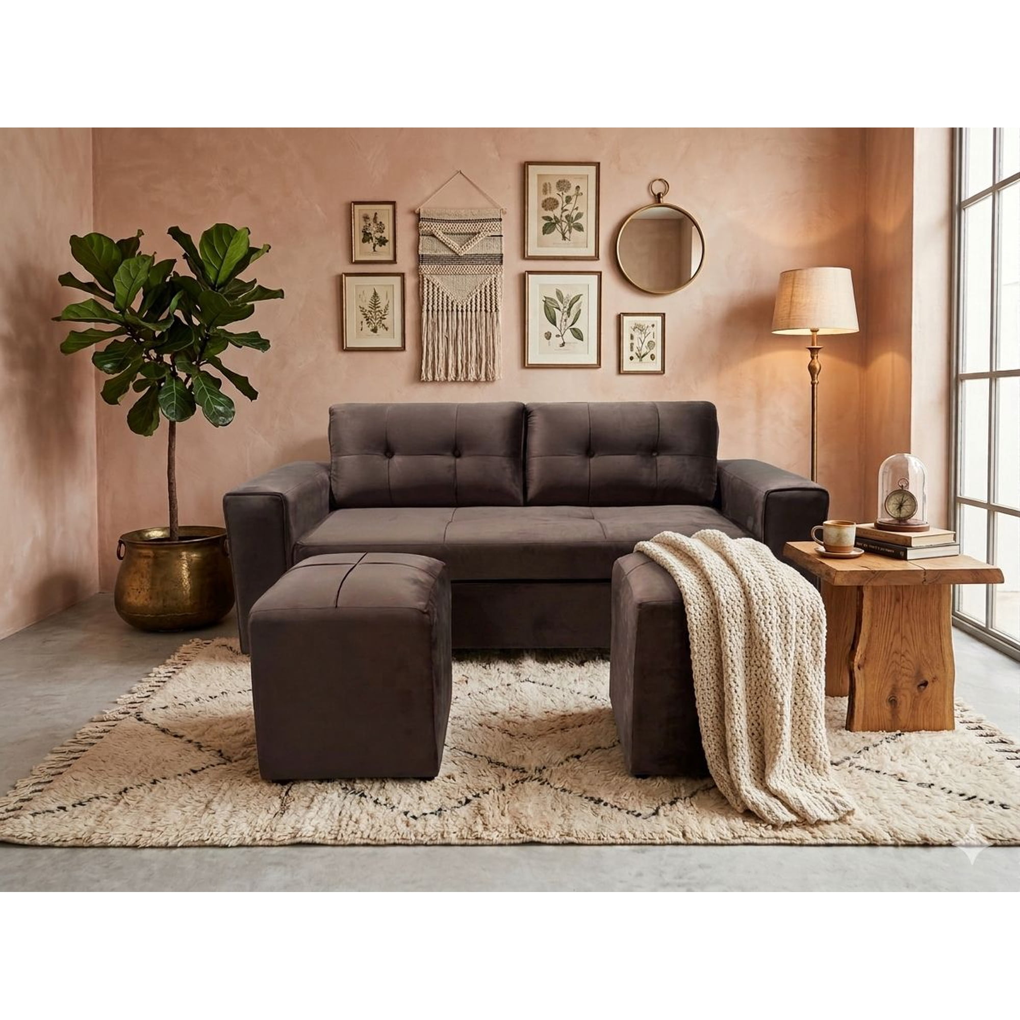 Mueblesjd - Sofá Cataluña + 2 Puff Felpa Café