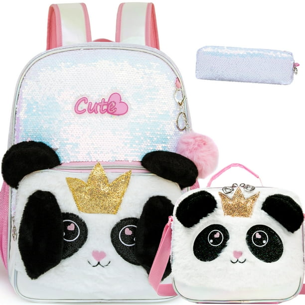 Cute Cat Sequin Backpacks for Girls School Bag with Lunch Box Pencil Case for Elementary Preschool Students Kids Travel Backpack