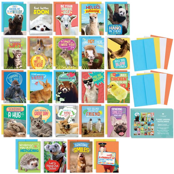 Juego de tarjetas de felicitación T MARIE 24 divertidos animales con sobres