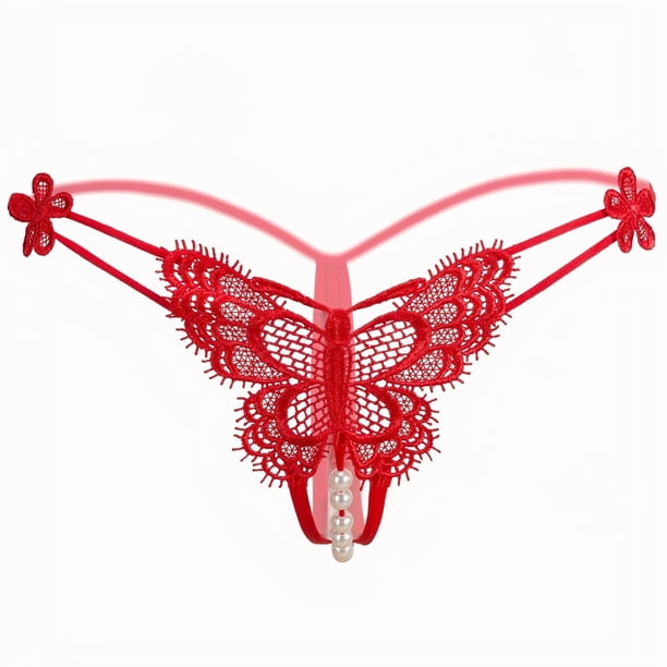 Butterfly Embroidery Thongs, Cut Out Open Crotch Faux Pearl Panties, Women's Sexy Lingerie & Underwear