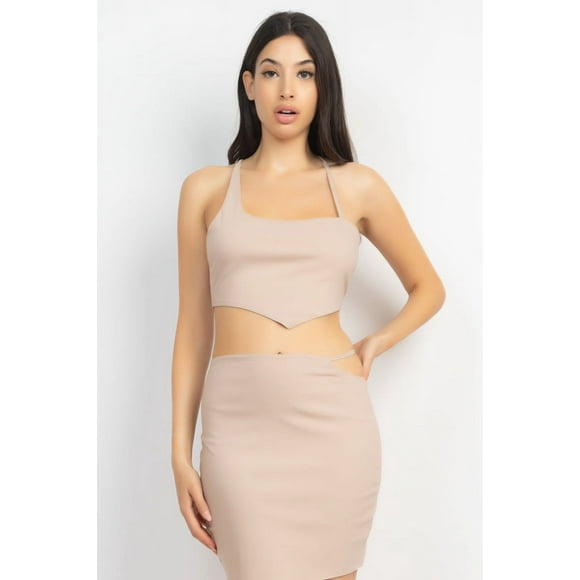Conjunto de Top y Falda Asimétricos con Espalda Cruzada en Color Topo Claro