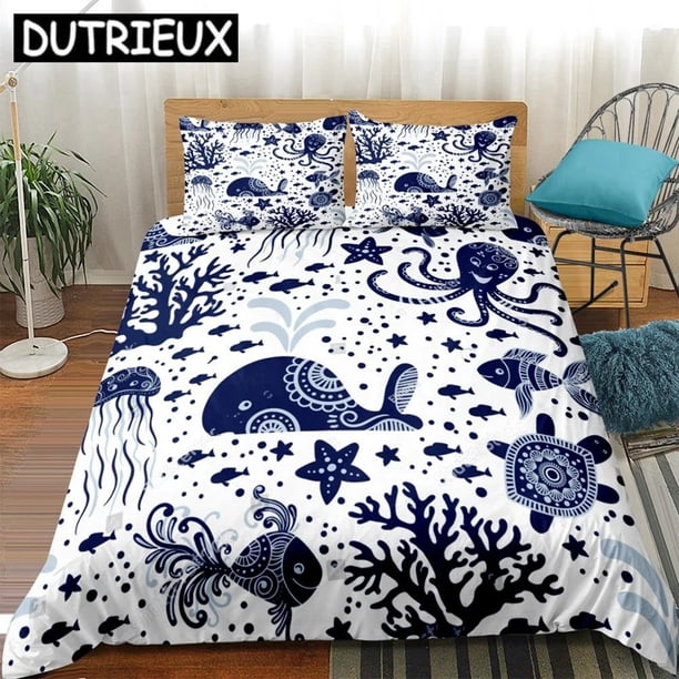 Cartoon Animal Bedding Set Turtle Octopus Whale Duvet Cover Set For Kids Ocean Starfish Bed Set Boy Girls Bed Line Home Textile