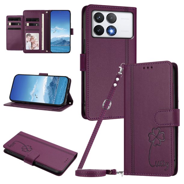 Funda Cartera Trébol para Xiaomi Poco F6 Pro con Ranuras Tarjetas y Carga Inalámbrica Violeta
