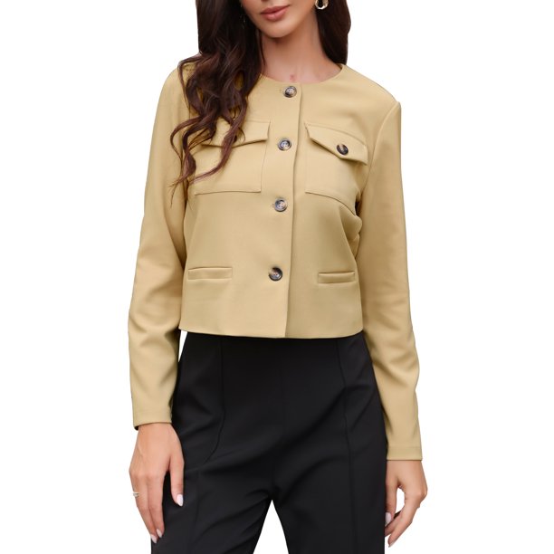 Chaqueta de trabajo INSPIRE CHIC para mujer sin cuello con botones, manga larga, cuello redondo, abrigo casual de oficina S Caqui