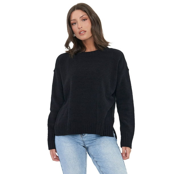 Sweater Mujer Chenille Cuello Redondo Negro Corona