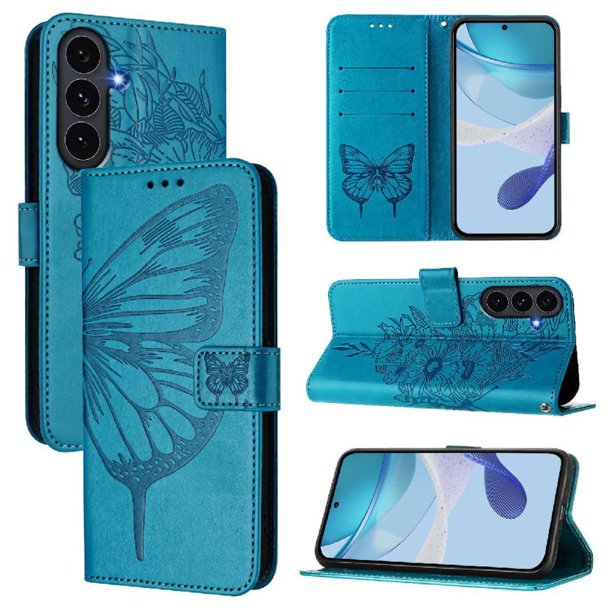 Funda cartera mariposa para Samsung Galaxy S25 FE con soporte y ranuras para tarjetas Azul