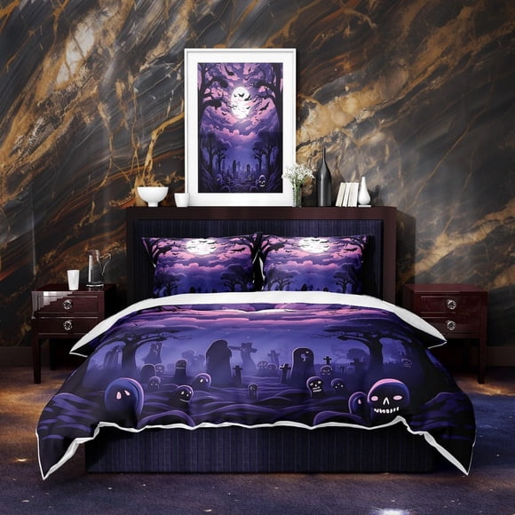 Halloween Grave Moonlight Night Duvet Quilt Cover Bedding Set Pillowcase3-Piece Bedding Set (1 Duvet Cover + 2 Pillow Shams)