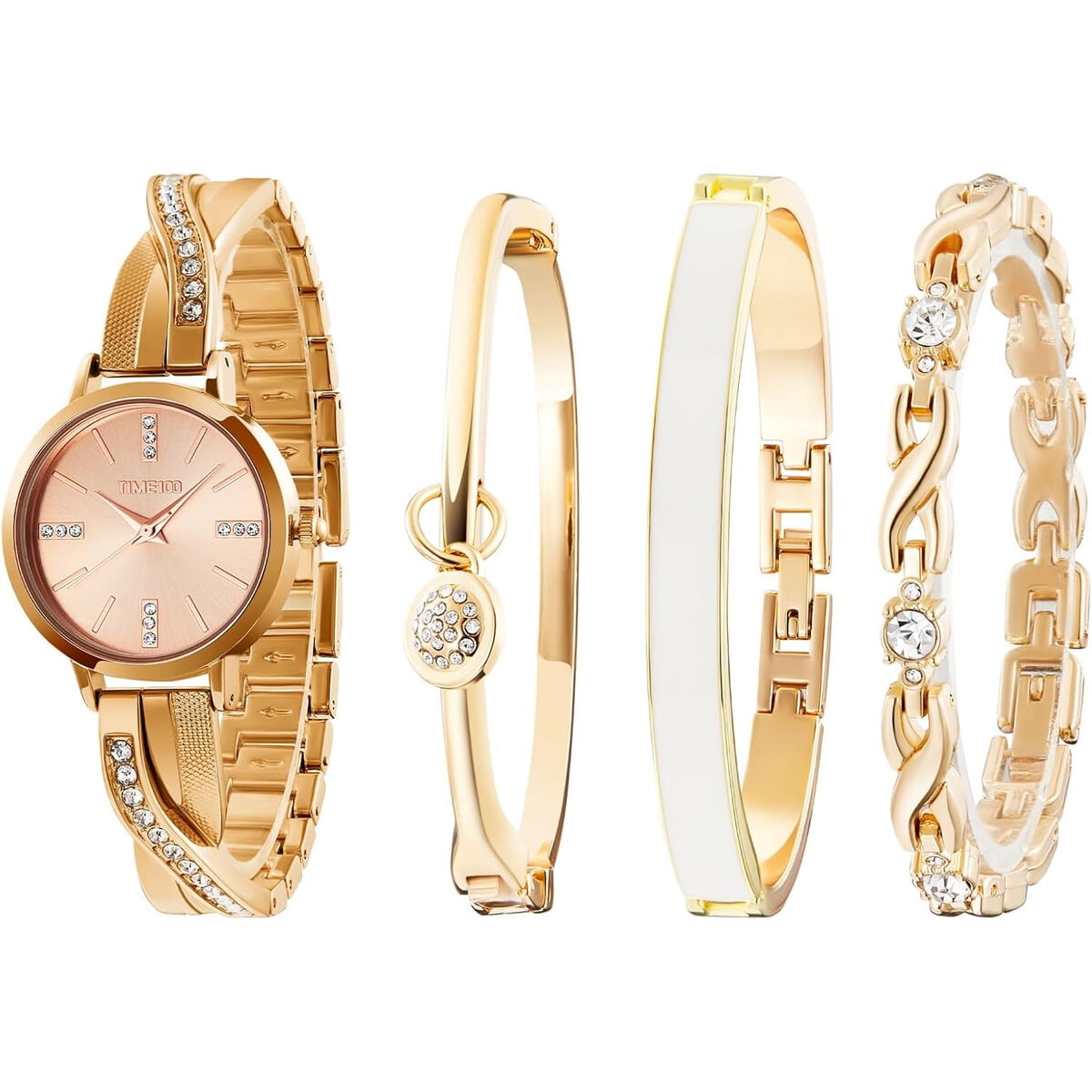 Reloj Time100 Mujer Dorado 30mm Set Pulseras Cristal