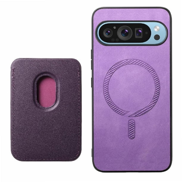 Funda de Cuero Magnética con Tarjetero para Google Pixel 9 Pro Cubierta Delgada Morado