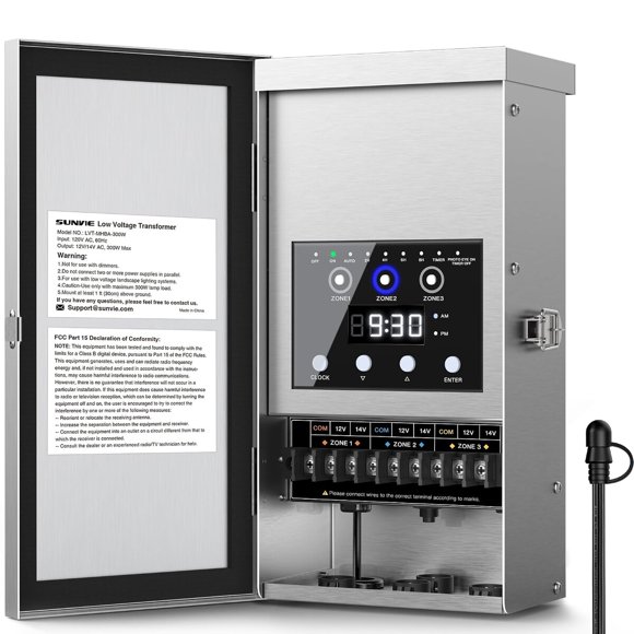 SUNVIE 300W Low Voltage Transformer with 3 Zones, Photocell
