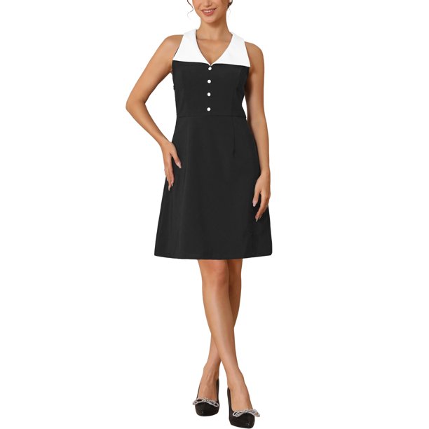 INSPIRE CHIC Vestido Vintage de Mujer con Cuello, Sin Mangas, Decoración de Botones, Cóctel de Noche, Línea A, Mini Vestidos 2XL Negro