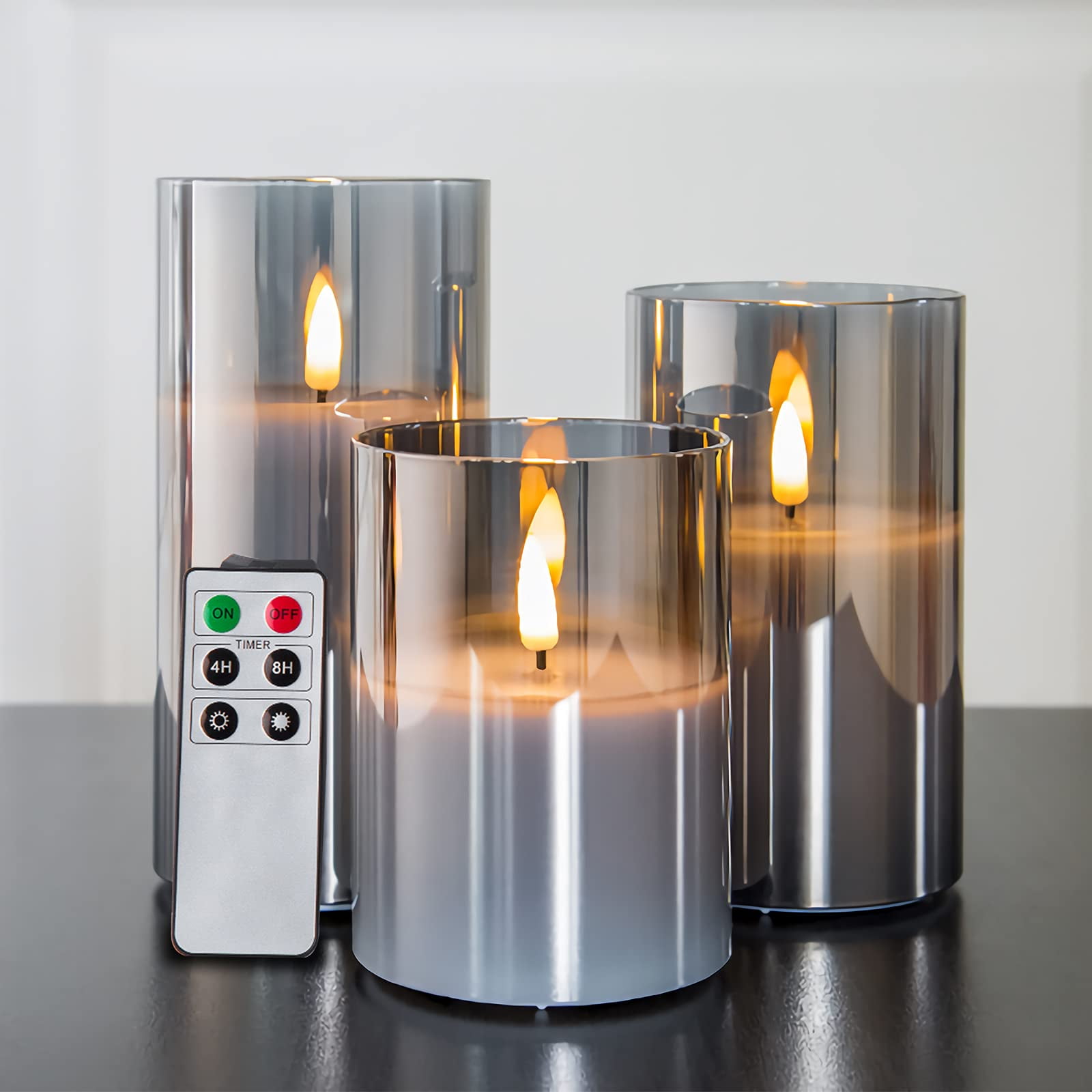 Velas Sin Llama Eywamage De Cristal Gris Ahumado Con Mando A Distancia, Juego De 3