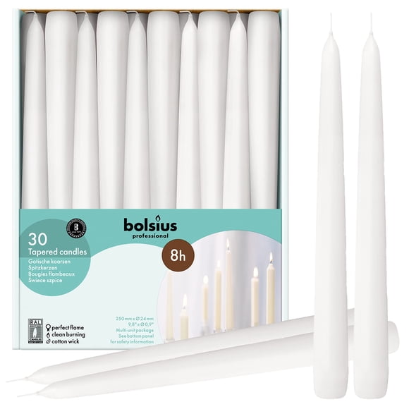 Velas cónicas BOLSIUS, largas, blancas, 10 pulgadas, 30 unidades, 8 horas de combustión