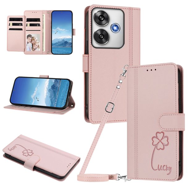 Funda Cartera Trébol para Xiaomi Poco F6 con Ranuras Tarjetas y Carga Inalámbrica Rosa