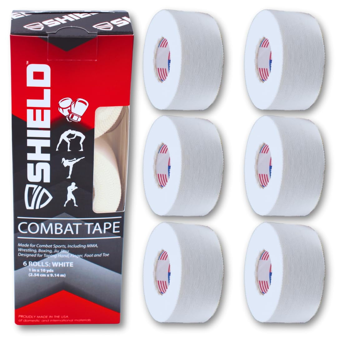 Shield Health And Fitness Llc - Shield Combat Tape | Cinta De Boxing Para Manos, Fabricada En Ee. Uu., Cinta Deportiva De 2.54 Cm, Fácil De Desgarrar, 2.54 Cm X 9.44 M, Paquete De 6, Para Boxing, Mma, Muay Thai, Color Blanco