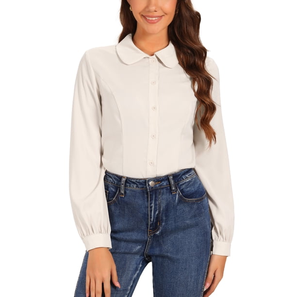 INSPIRE CHIC Blusa de Mujer Abotonada Leotardo Cuello Peter Pan Manga Larga Bodysuit de Negocios Talla XL Beige