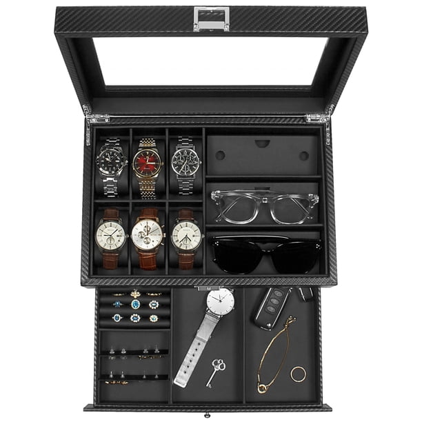 Funda para reloj Watch Box GUKA de 6 ranuras con organizador de gafas de sol de 3 ranuras