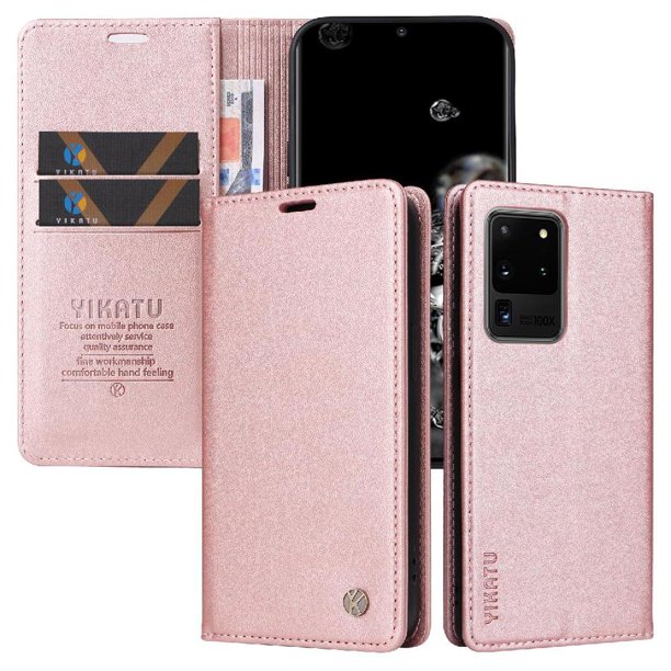 Funda Billetera de Cuero para Samsung Galaxy S20 Ultra con Tarjetero y Soporte - Tapa Magnética Rosa