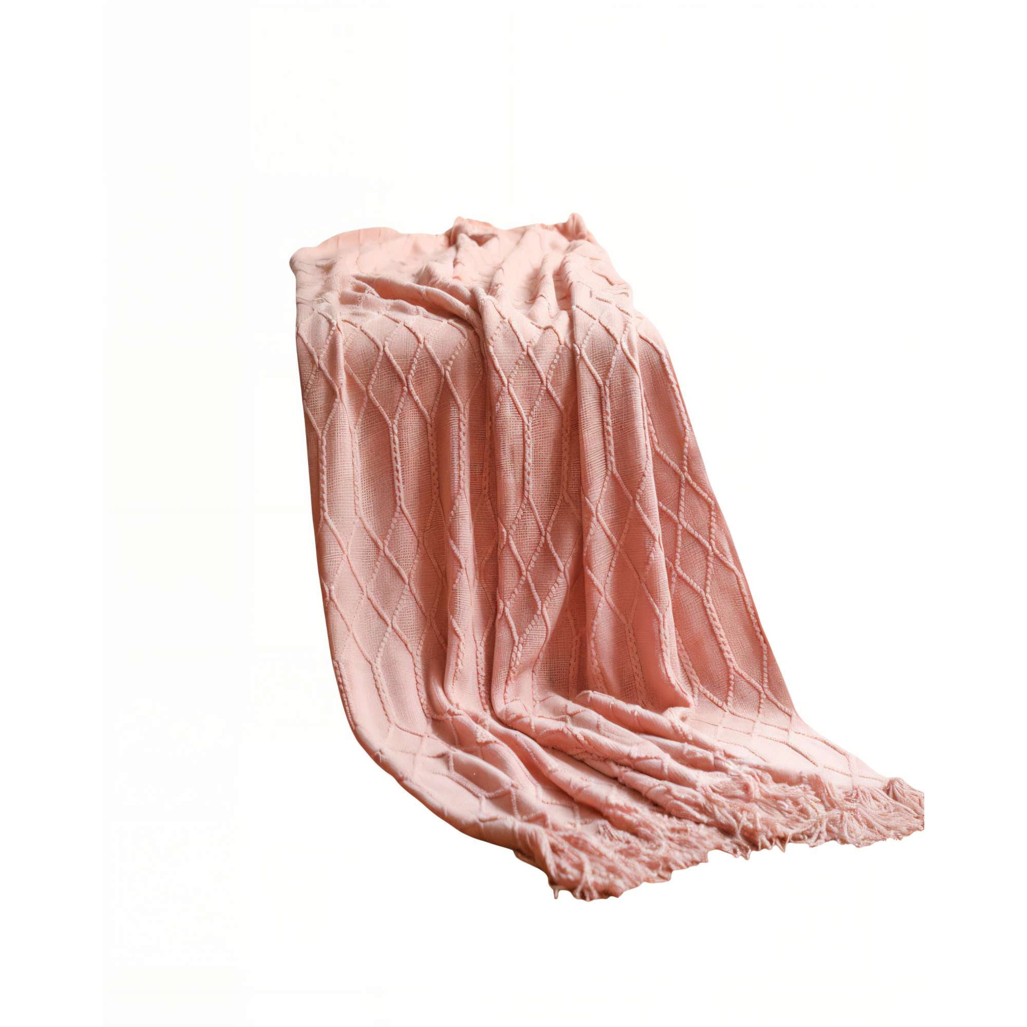 Genérico - Manta Con Flecos Decorativa Y Tejido De Rombos En Relieve Color Rosado