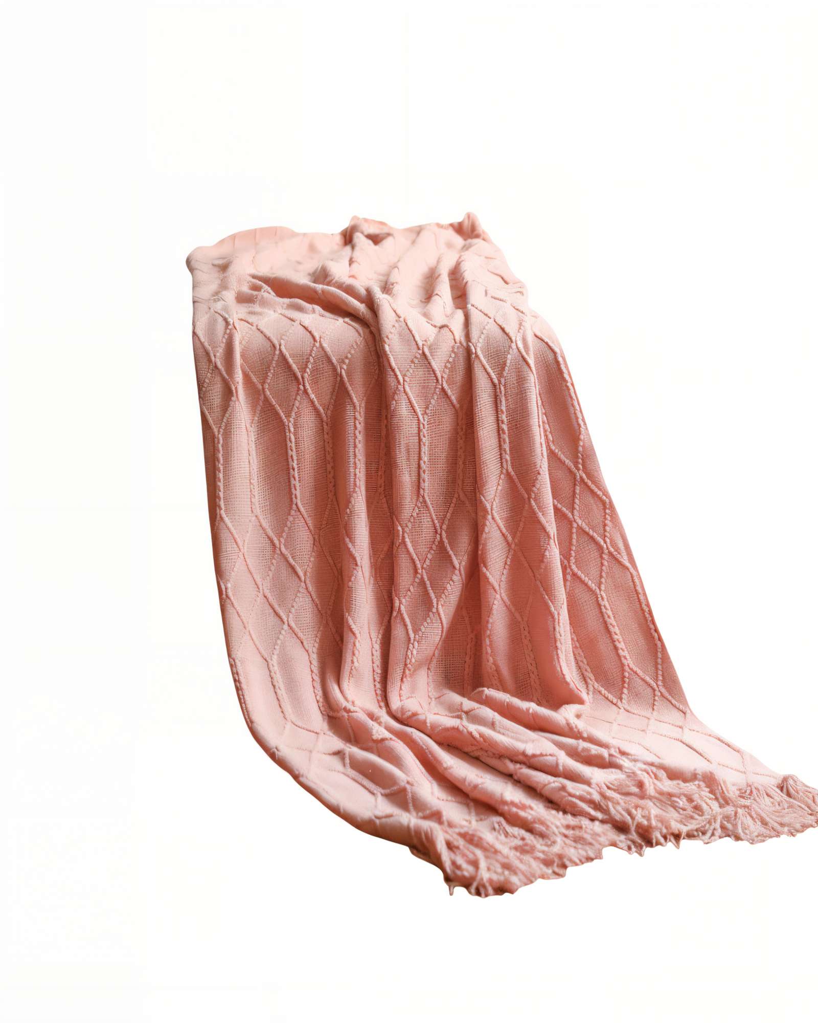 Genérico - Manta Decorativa Con Flecos Y Tejido De Rombos En Relieve Color Rosado