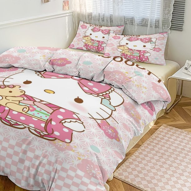 Hello Kitty Print Bedding Set Pattern Duvet Cove Set 3 Pieces 1 Quilt Cover And 2 Pillowcases for Women Men Teens