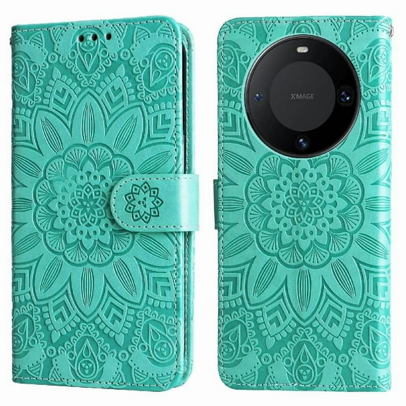 Funda tipo cartera FOXDOCK para Huawei Mate 60 , diseño girasol en relieve, cuero PU, cierre magnético, soporte y tarjetero